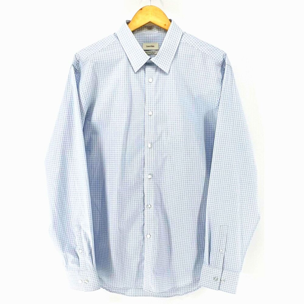 Calvin Klein Mens XL Slim Fit Blue Grey Plaid Non Iron Dress Shirt 17 34/35